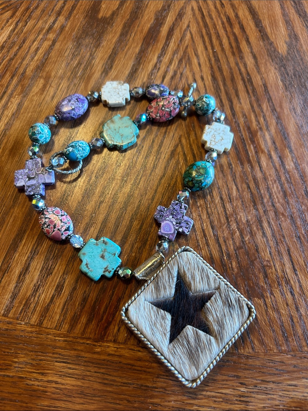 Trigg Leather Southwestern Faux Stone Beaded Star Cowhide Pendant Necklace